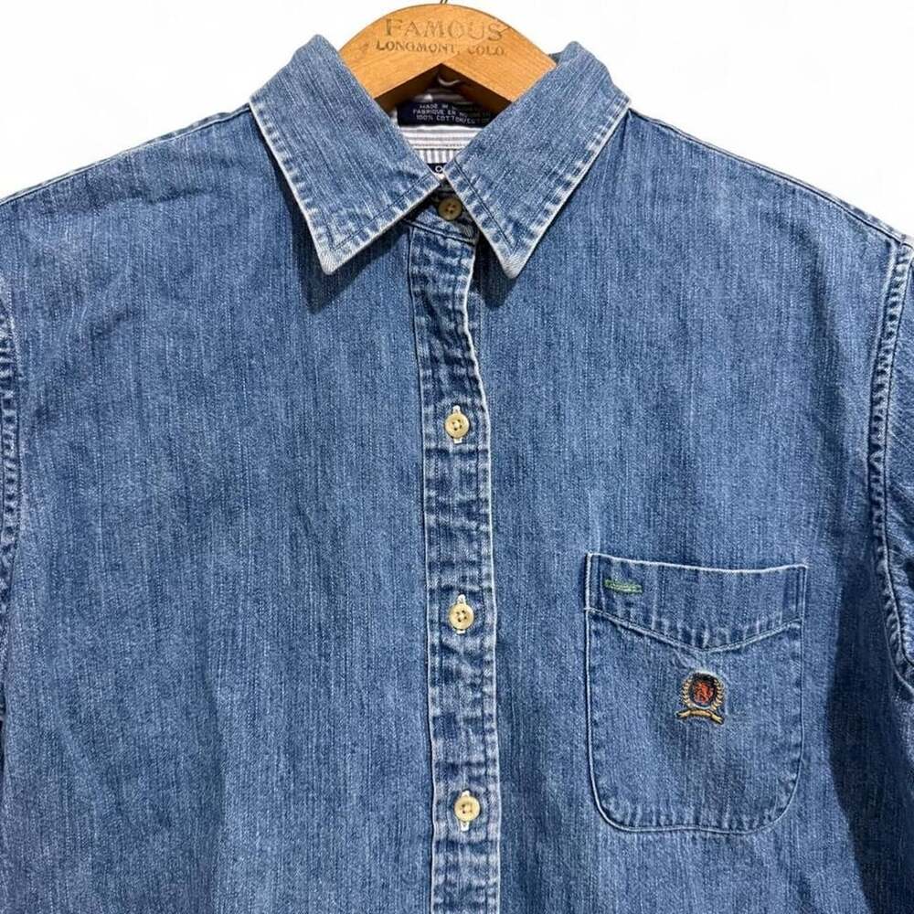 Tommy Jeans Denim Button-Down Shirt Size 10 90s Vintage Embroidered Flag